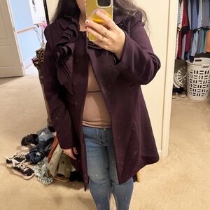 Elie Tahari 100% wool purple ruffle long pea coat dress coat size XL classic